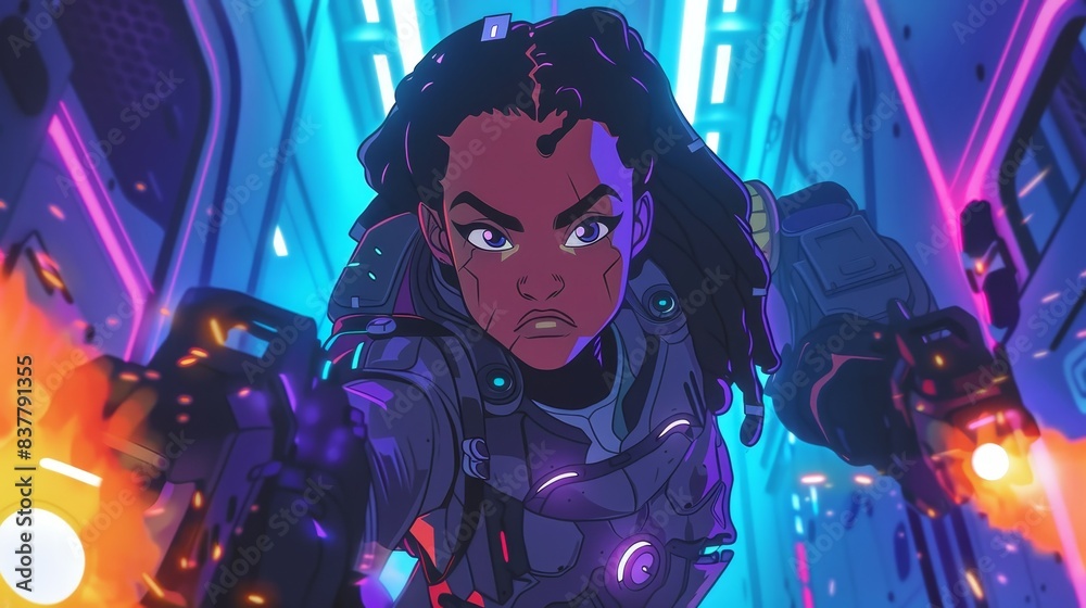 AI illustration of cartoon African American girl in armor looking at camera and shooting from laser gun in neon-lit corridor AI illustration of cartoon African American girl in armor looking at camera and shooting from laser gun in neon-lit corridor