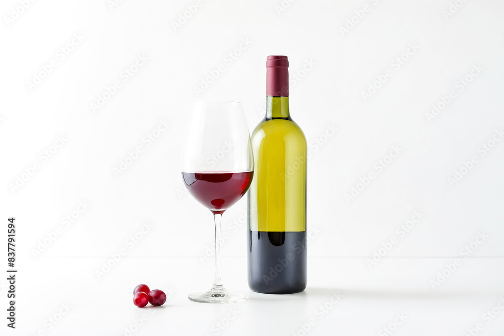 Glass of red wine with grapes and a bottle of wine