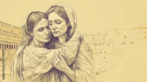 Saints Perpetua and Felicity Embracing, Courage and Faith, Biblical Illustration, Beige Background, Copyspace
