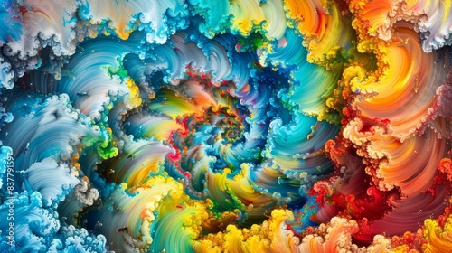  A multicolored abstract painting features a center dominated by clouds and shades of blue  yellow  red  green  orange  and white The central image is a spiral shaped form