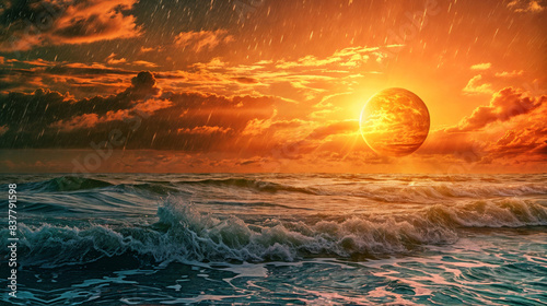 Digital art of a fiery planet above a stormy ocean