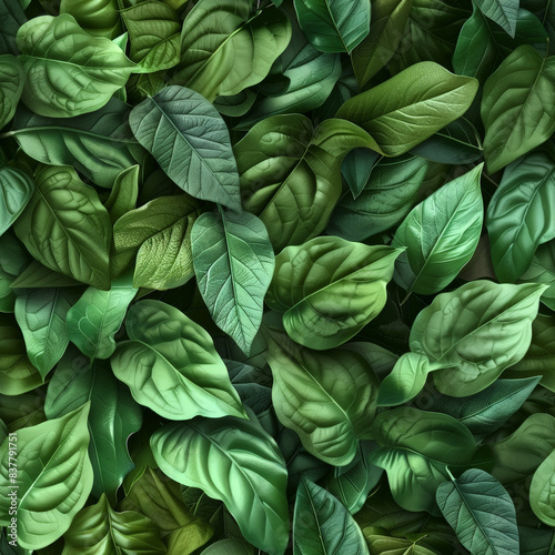 Verdant 3D Leaf Pattern: Realistic Seamless Array of Lush Green Leaves on Flat Surface © CQSP