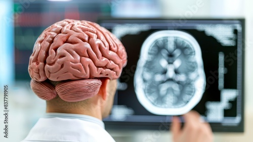 Wallpaper Mural  A man gazes at a computer screen, its center showcasing an image of a brain Another brain picture is displayed precisely in the midst Torontodigital.ca