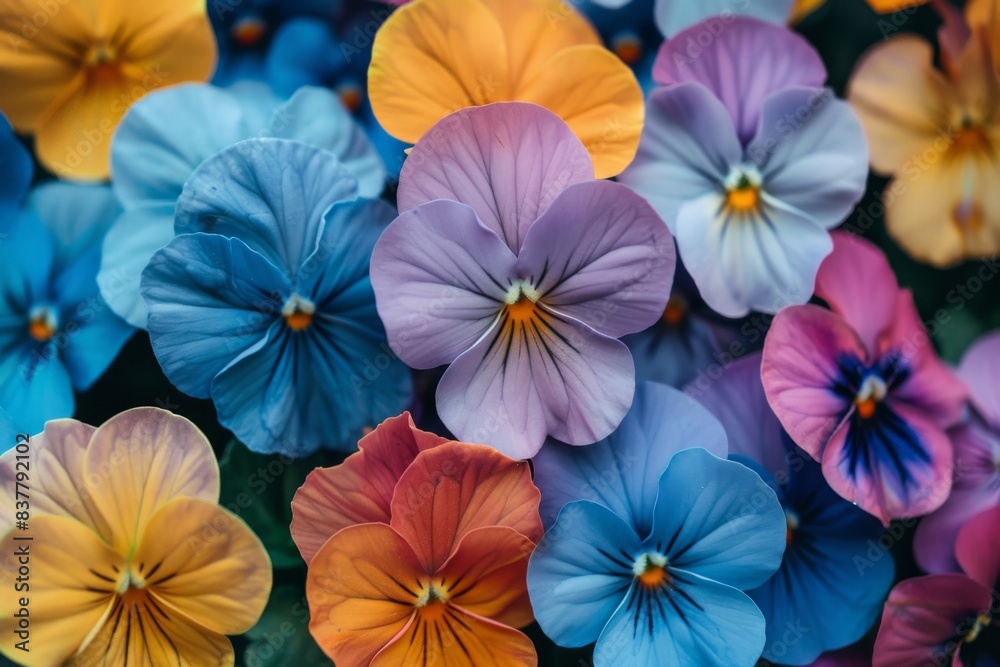Grouping of vivid pansies in garden