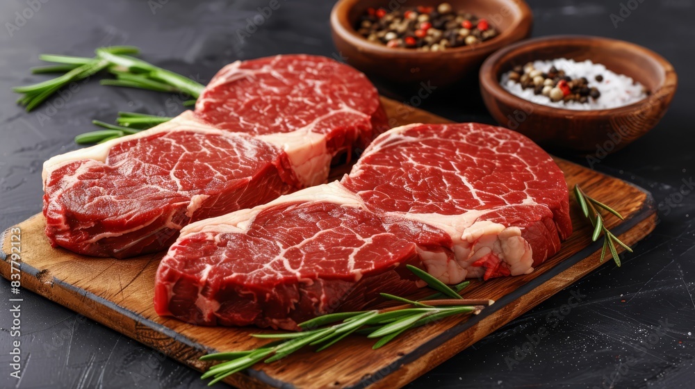 Two pieces of meat rest atop a wooden cutting board Nearby, a bowl of seasoning and another of salt and pepper in wooden bowls await on a dark backdrop Two pieces of meat rest atop a wooden cutting board Nearby, a bowl of seasoning and another of salt and pepper in wooden bowls await on a dark backdrop