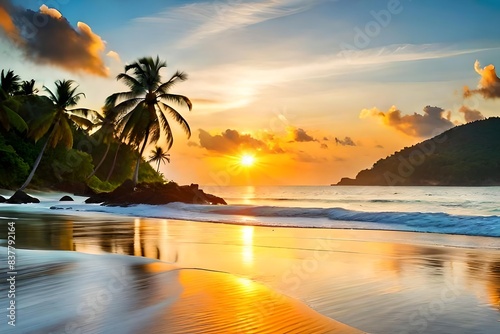 Sand dunes on the beach at sunset beautiful tropical island with palm trees and beach panorama illustration © Jahi Creative
