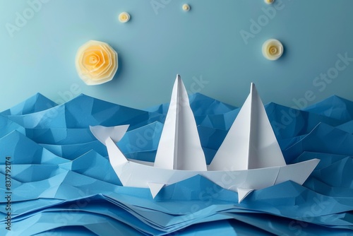 Paper boat floats on blue paper wave photo