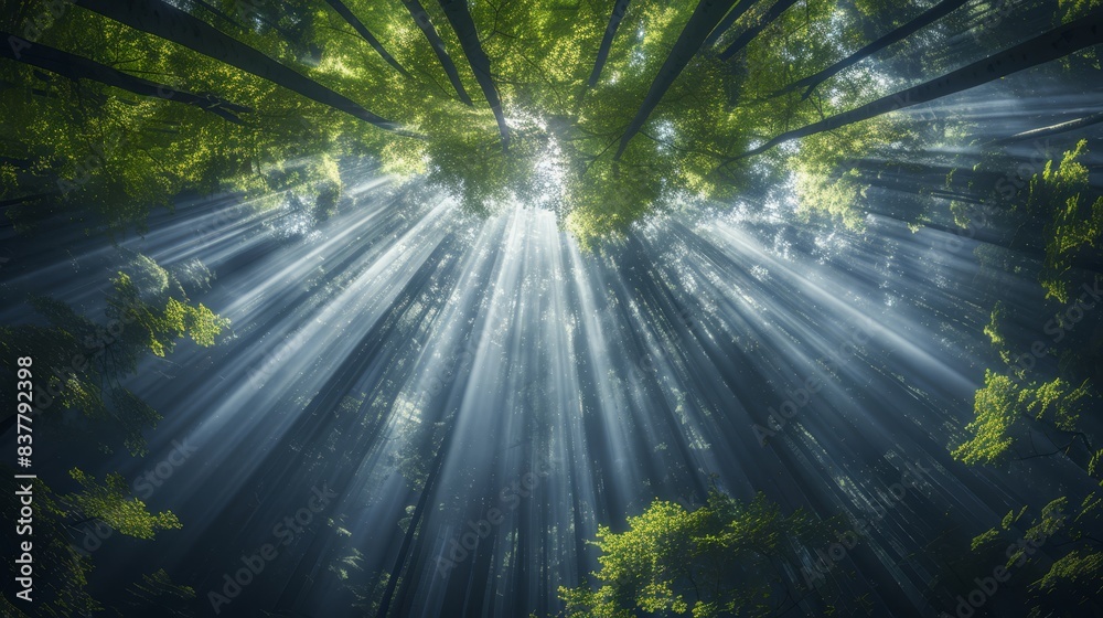 A forest teeming with numerous green trees beneath a sky adorned with sunlight beams, filtering through the towering green canopy A forest teeming with numerous green trees beneath a sky adorned with sunlight beams, filtering through the towering green canopy