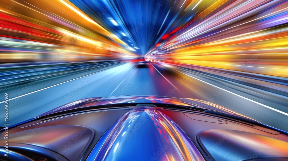 A car is depicted in motion on a highway, with foreground elements showing dynamic motion blurs In the background, a car is represented with a blurred