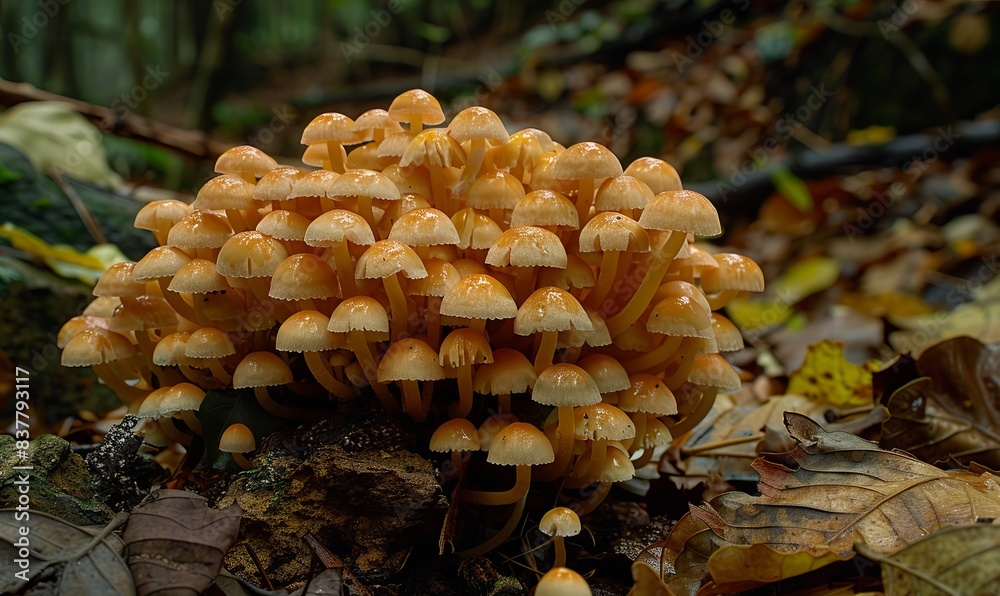 Closeup of a cluster of brown mushrooms growing in the leafy forest floor Closeup of a cluster of brown mushrooms growing in the leafy forest floor