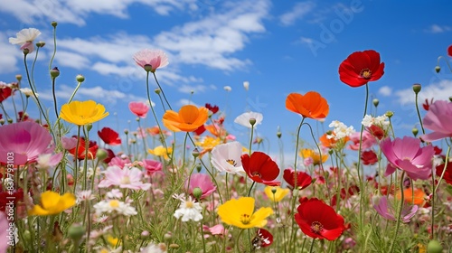 Colorful poppy flowers in the meadow with blue sky and white clouds © Iman