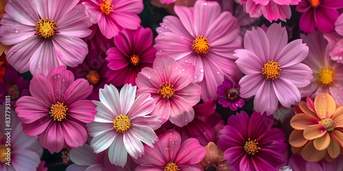 Background of colorful blossoming flowers with gentle petals and pleasant aroma growing in garden.