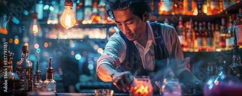 Japanese barkeeper preparing cocktail in club