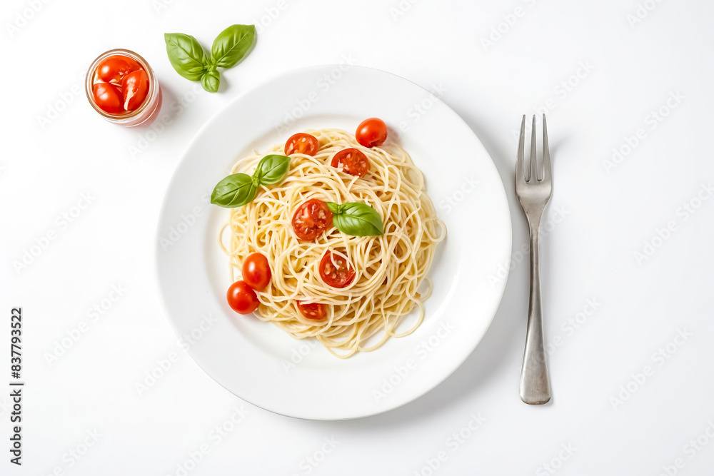 Plate of spaghetti with cherry tomatoes and basil Plate of spaghetti with cherry tomatoes and basil