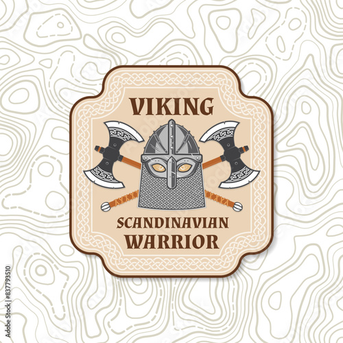 Viking warrior logo, badge, sticker. Vector illustration. For emblems, labels and patch. Patch design heraldic shield with a viking in helmet with crossed Double Axe