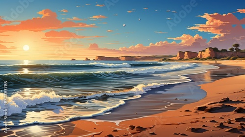 A tranquil beach scene with golden sands stretching into the distance, gentle waves lapping at the shore, and a brilliant sunset painting the sky in hues of orange and pink. Minimal and Simple,