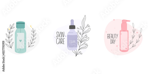 Set of cosmetic beauty products in bottles. Face and body care routine. Cosmetics bottles with skin care products