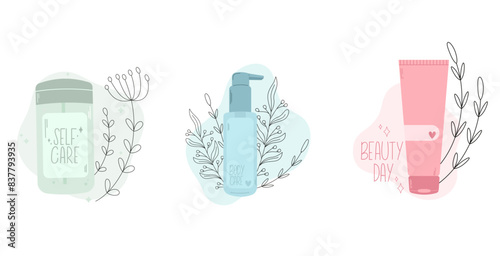 Set of cosmetic beauty products in bottles. Face and body care routine