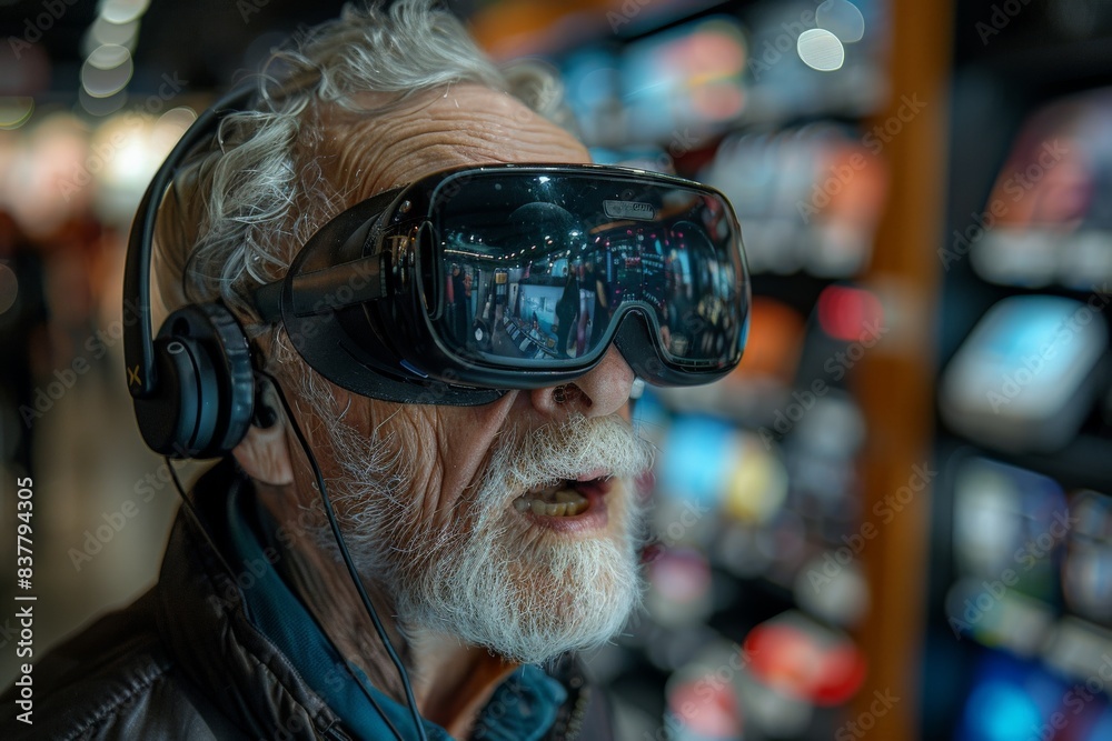 Senior Technology Interaction - Virtual Reality A senior man exploring virtual reality at a tech store, with an expression of amazement and curiosity. The image should emphasize the engagement with Senior Technology Interaction - Virtual Reality A senior man exploring virtual reality at a tech store, with an expression of amazement and curiosity. The image should emphasize the engagement with