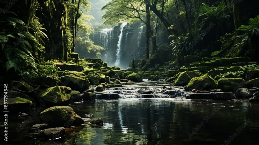 Fototapeta premium A secluded waterfall cascading into a pristine pool surrounded by vibrant green foliage, with the mist creating a magical atmosphere in the forest. Minimal and Simple,