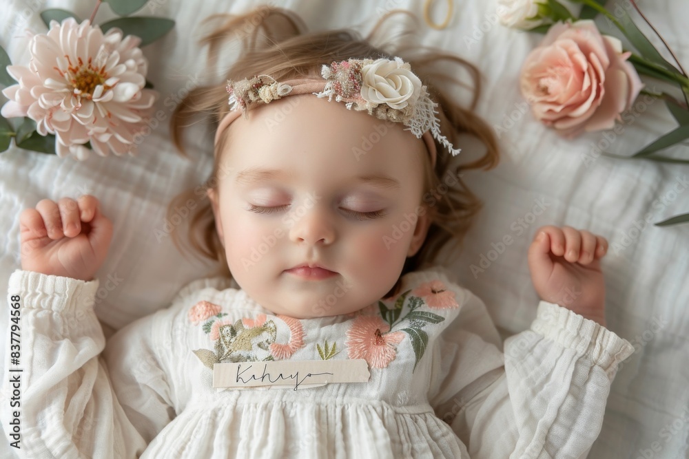 Infant lying bed flowers Infant lying bed flowers