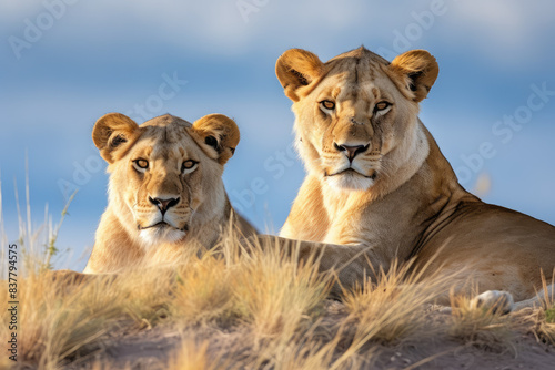 Majestic Lionesses Surveying the Savanna at Dusk