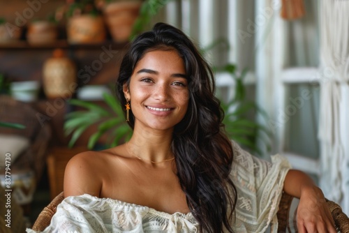 Woman smiling in chair with white blanket