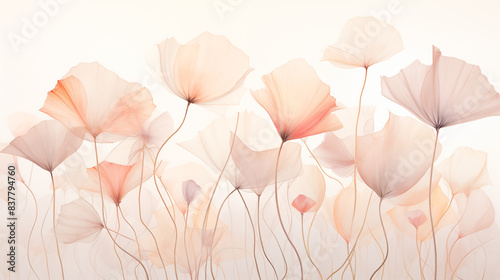 Fototapeta Naklejka Na Ścianę i Meble -  Background, An airy botanical illustration in peach, dusty pink tones, made in a dreamy watercolor style with airy flowers and plants