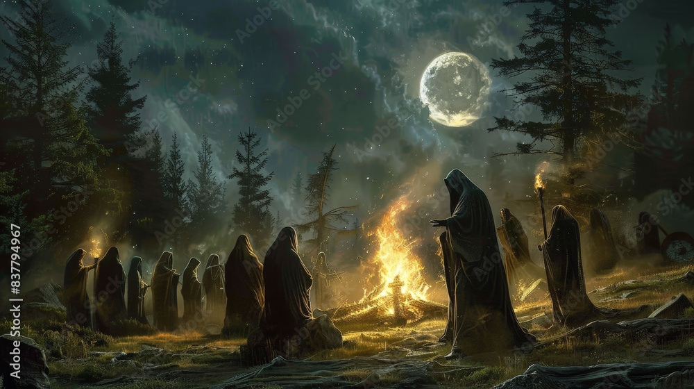 Obraz premium Midnight Ritual: Hooded Cultists in Moonlit Clearing with Eldritch Energies