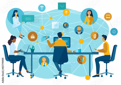 Business Team Teleconference Online Working Network Illustration - Minimalistic Vector of Remote Work Discussion and Collaboration