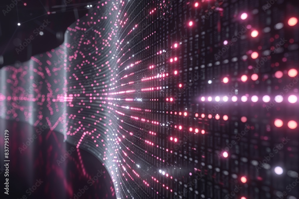 Obraz premium Glowing pink and white lights form an abstract wave of digital data on a sleek black background, symbolizing modern technology and big data.