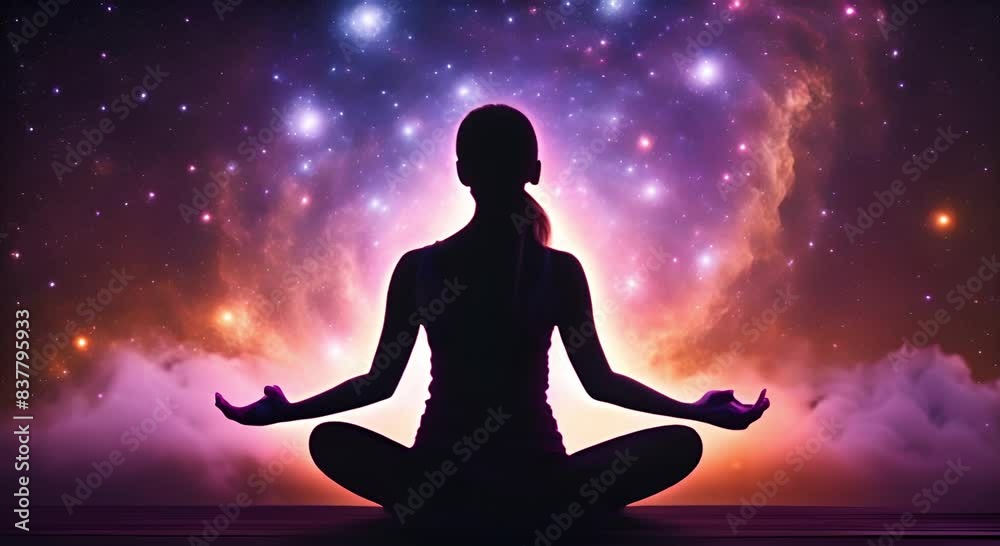 A woman is practicing meditation in the lotus position surrounded by shining and colorful chakras A woman is practicing meditation in the lotus position surrounded by shining and colorful chakras