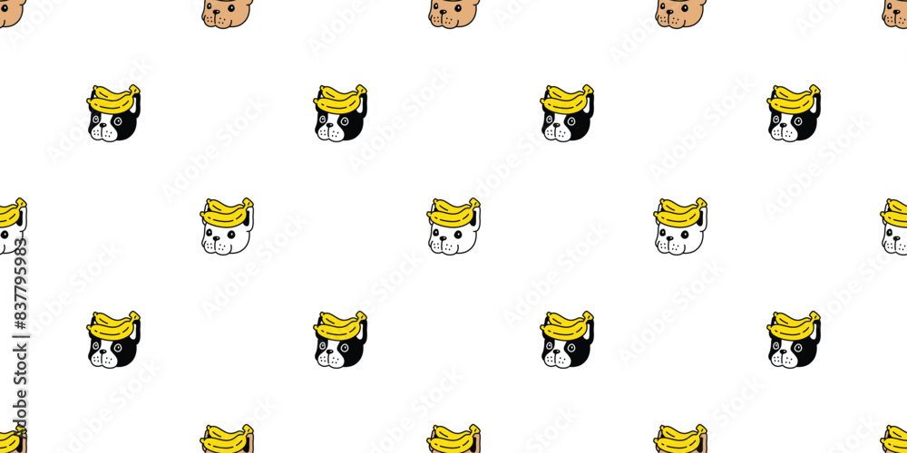 View of dog seamless pattern french bulldog banana head face cartoon vector ...