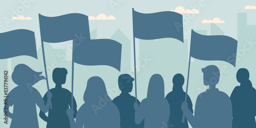 Memorial day and Independence day concept. Flag day concept. Demonstration concept. Silhouettes of people holding flags.