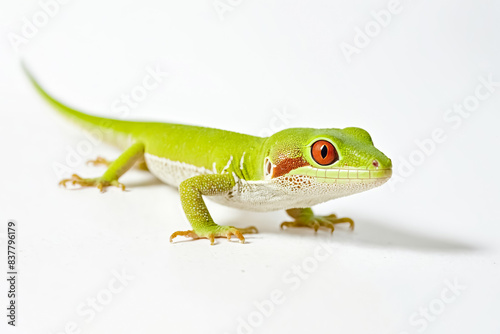 Green Gecko with Red Eyes on White Background photo