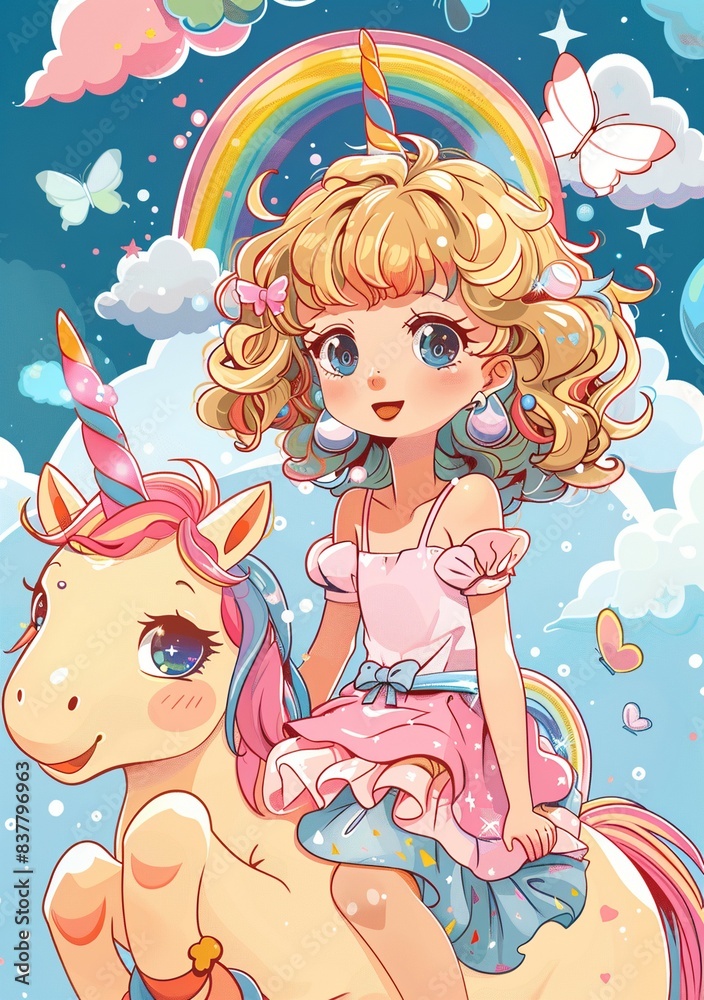 A cute cartoon girl with curly blond hair sitting on the back of a unicorn, vector illustration in the style of pastel colors, pink dress with a rainbow pattern, white background, small butterflies ar