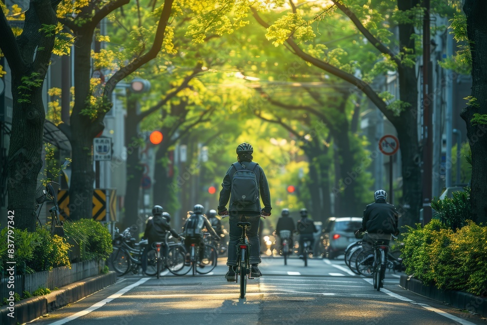 Green Travel - Biking A businessman commuting to work on a bike through a bustling city street lined with trees. The scene should depict green travel options, with emphasis on the convenience and Green Travel - Biking A businessman commuting to work on a bike through a bustling city street lined with trees. The scene should depict green travel options, with emphasis on the convenience and