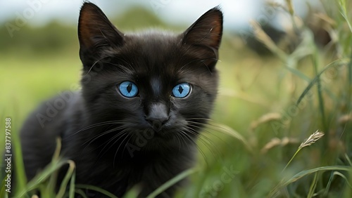 Black cat with blue eyes on the grass field