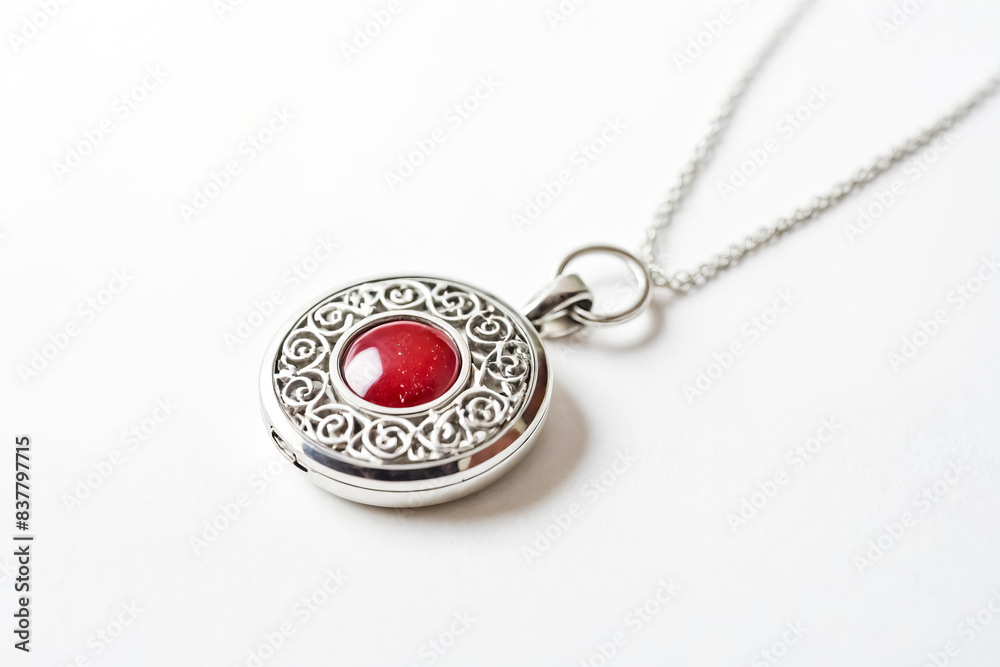 Silver Chain Necklace with Red Gemstone Pendant Silver Chain Necklace with Red Gemstone Pendant