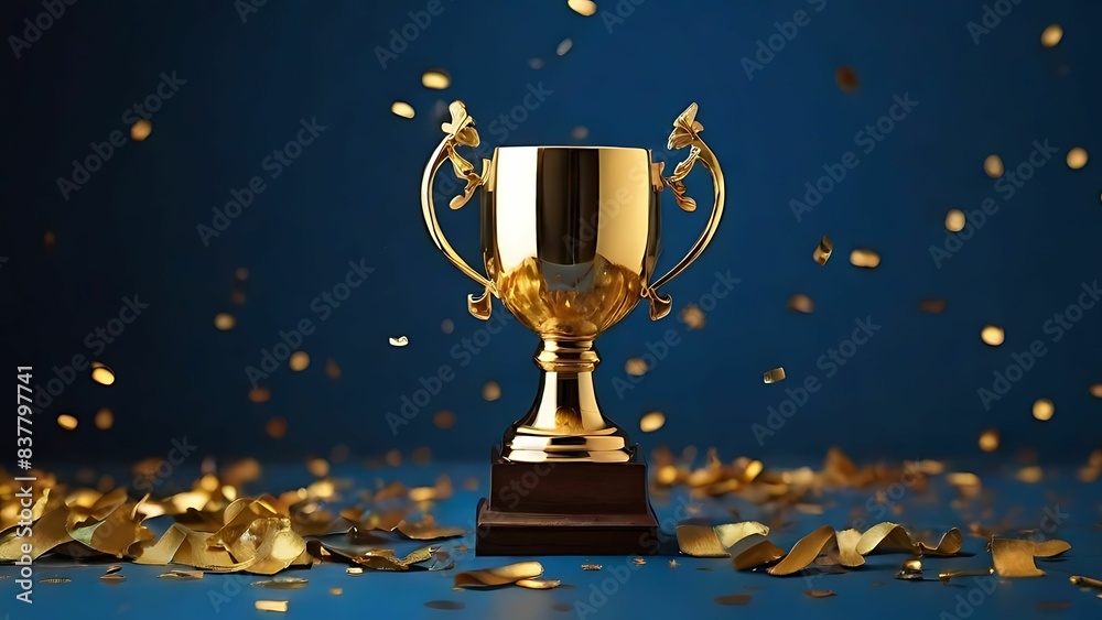 Trophy with golden confetti on blue background Trophy with golden confetti on blue background
