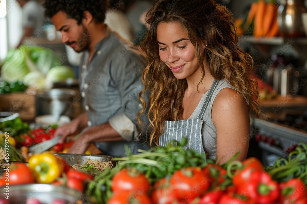 Vegetarian and Vegan Diets A couple preparing a colorful vegetarian meal in a cozy kitchen, using fresh produce from local vendors. The scene should emphasize healthy, sustainable eating habits and Vegetarian and Vegan Diets A couple preparing a colorful vegetarian meal in a cozy kitchen, using fresh produce from local vendors. The scene should emphasize healthy, sustainable eating habits and