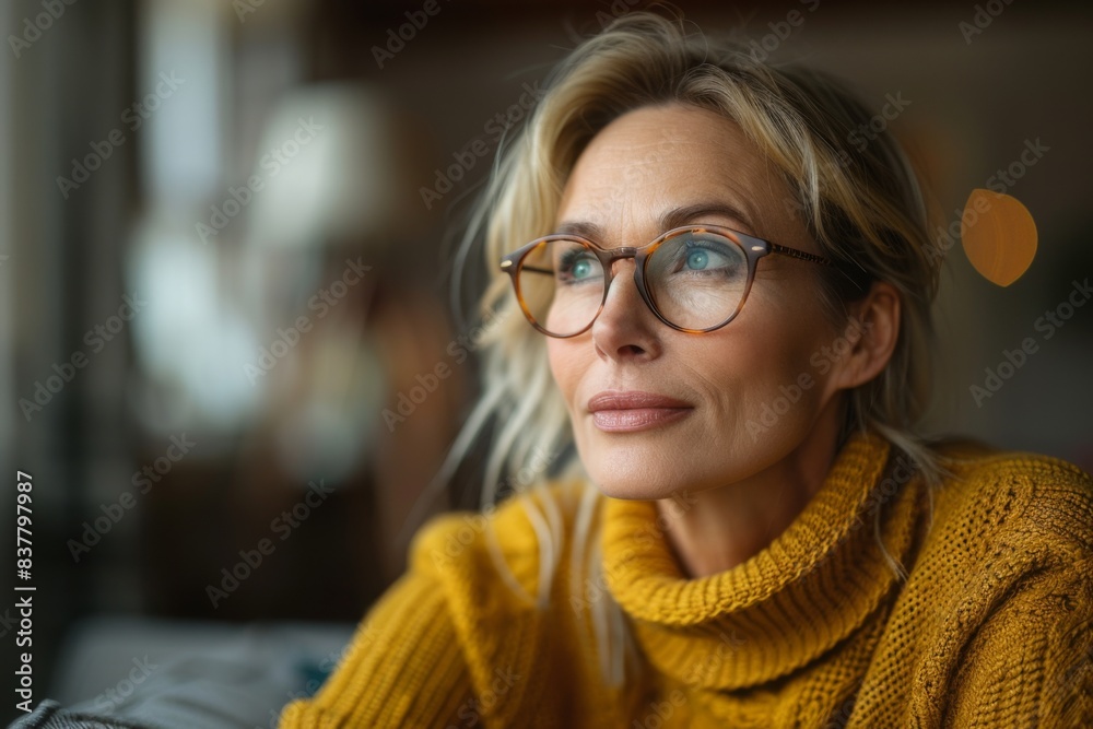 Woman in specs observing through glass in yellow top Woman in specs observing through glass in yellow top