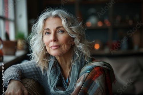 Woman sitting on sofa with blond and gray hair and scarf photo