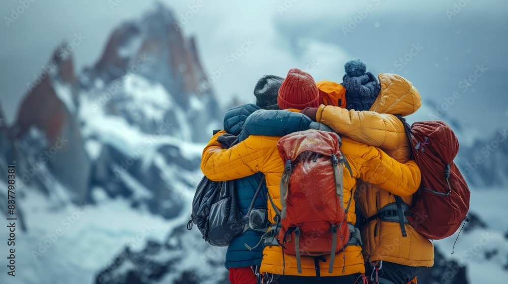 Climbers celebrate their success with a group hug Climbers celebrate their success with a group hug