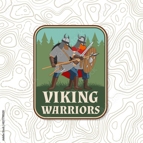 Vikings warrior logo, badge, sticker. Vector illustration. For emblems, labels and patch. Patch design heraldic shield with a vikings in helmet with battle sword, spear and round shield