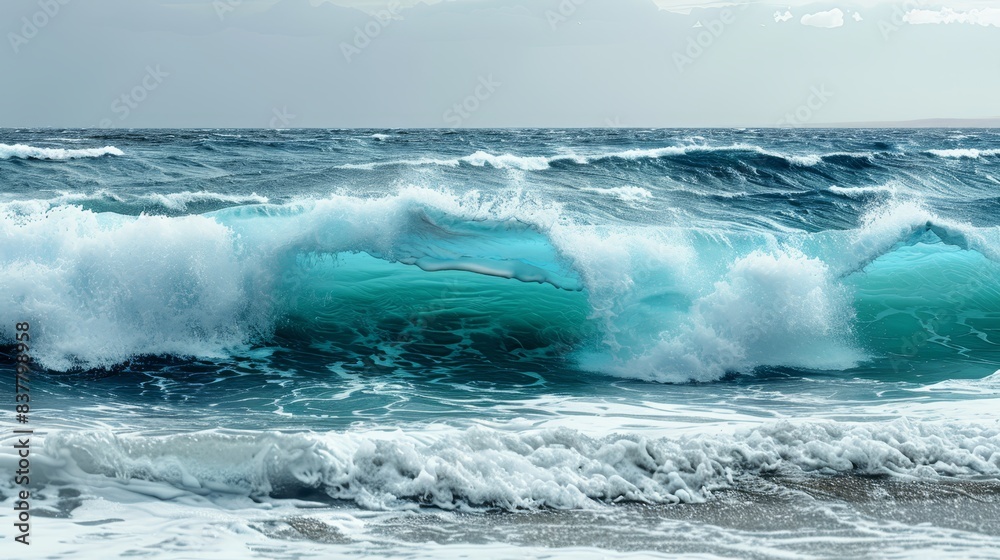 Person atop surfboard rides wave in foamy body of water Gray sky background Person atop surfboard rides wave in foamy body of water Gray sky background