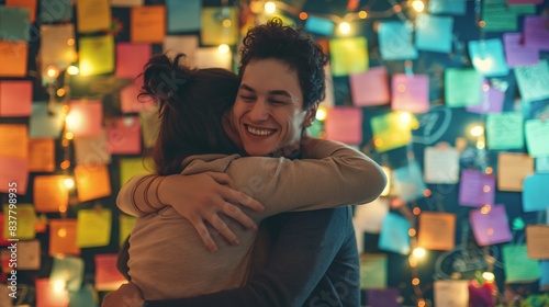 Cheerful young couple embracing tightly with a blurry backdrop of colorful sticky notes
