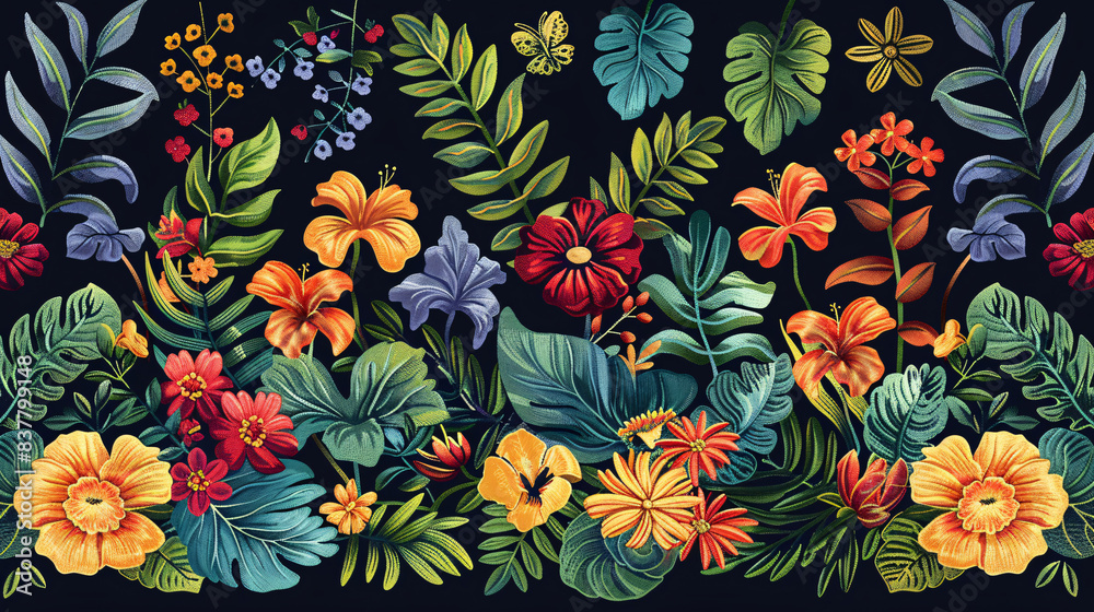 Beautiful jungle motif embroidery on a retro-inspired textile design Beautiful jungle motif embroidery on a retro-inspired textile design