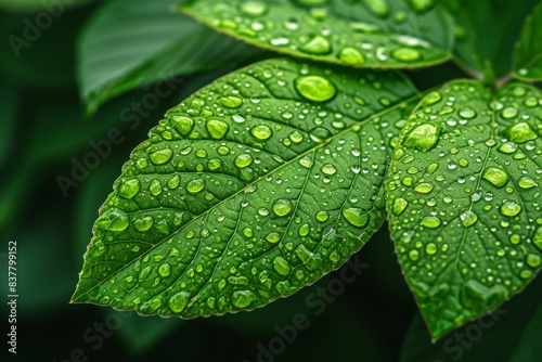 Macro shot of a fresh green leaf covered in dew, highlighting the intricate veins and vibrant colors, capturing the essence of natural beauty and morning freshness in an outdoor environment