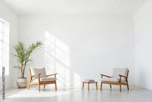 White Room Interior Design with Two Armchairs and a Coffee Table